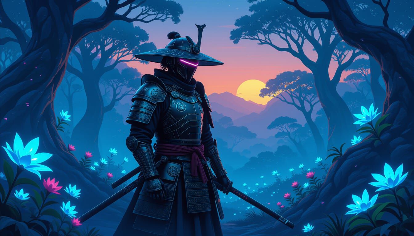 Cyberpunk Samurai Guarding Alien Twilight Forest