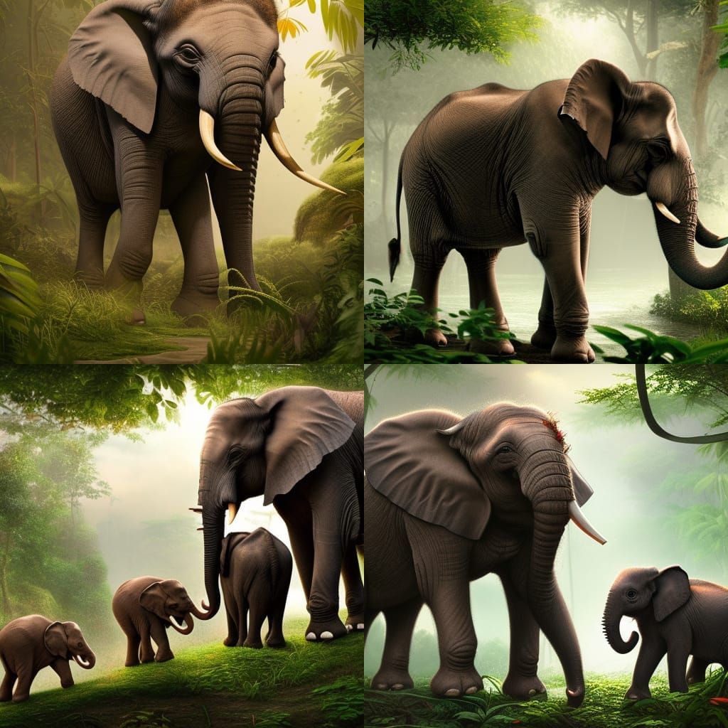 Young Elephant Family in Jungle, Hyper-Realistic Art