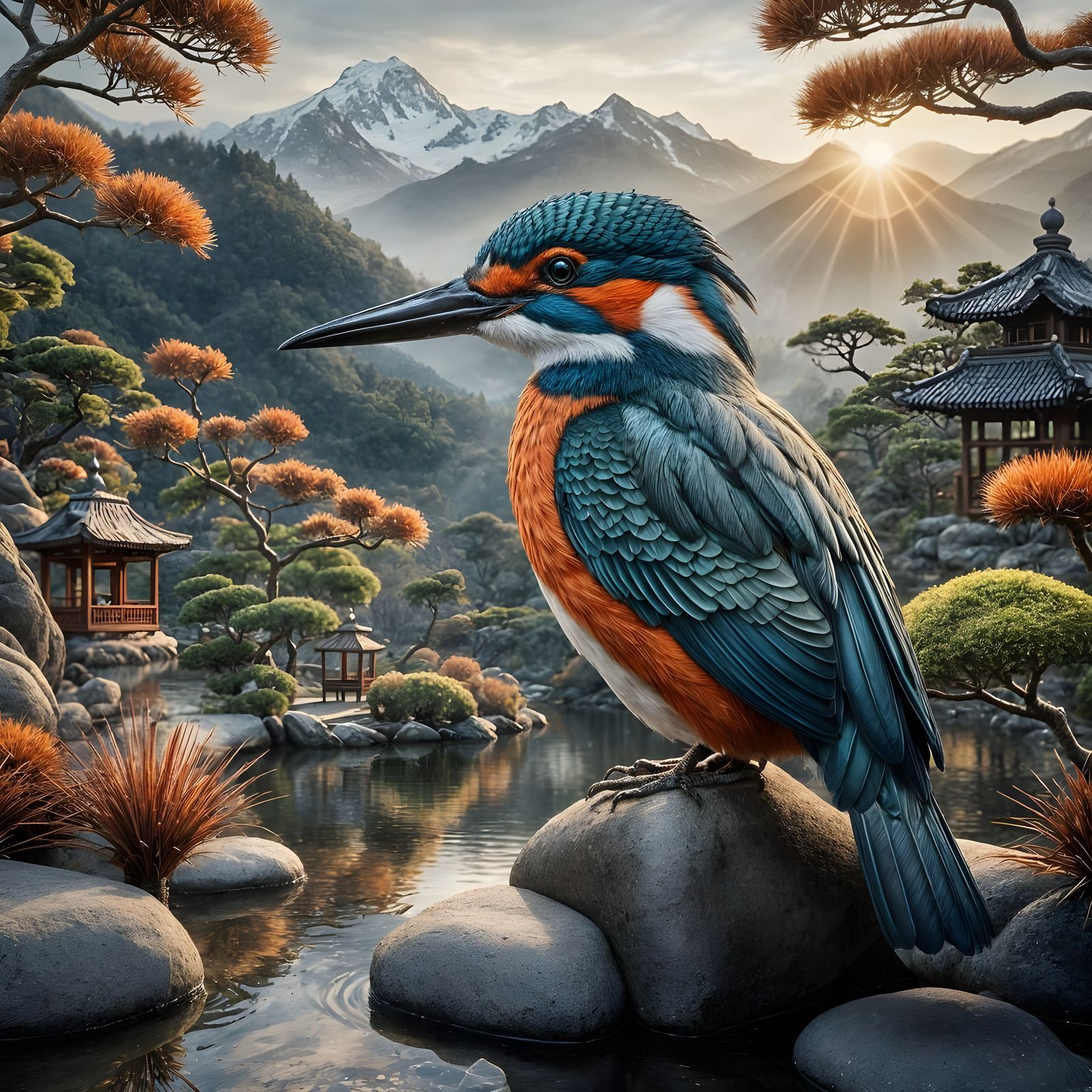 A Zen King Fisher in a Serene Mountain Garden