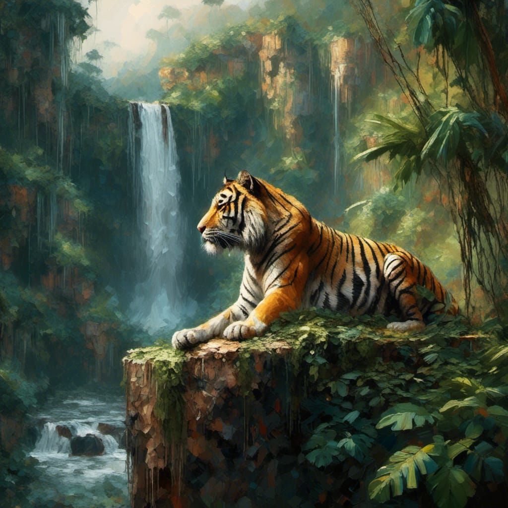 Majestic Tiger in Jungle: Oil and Grunge Style