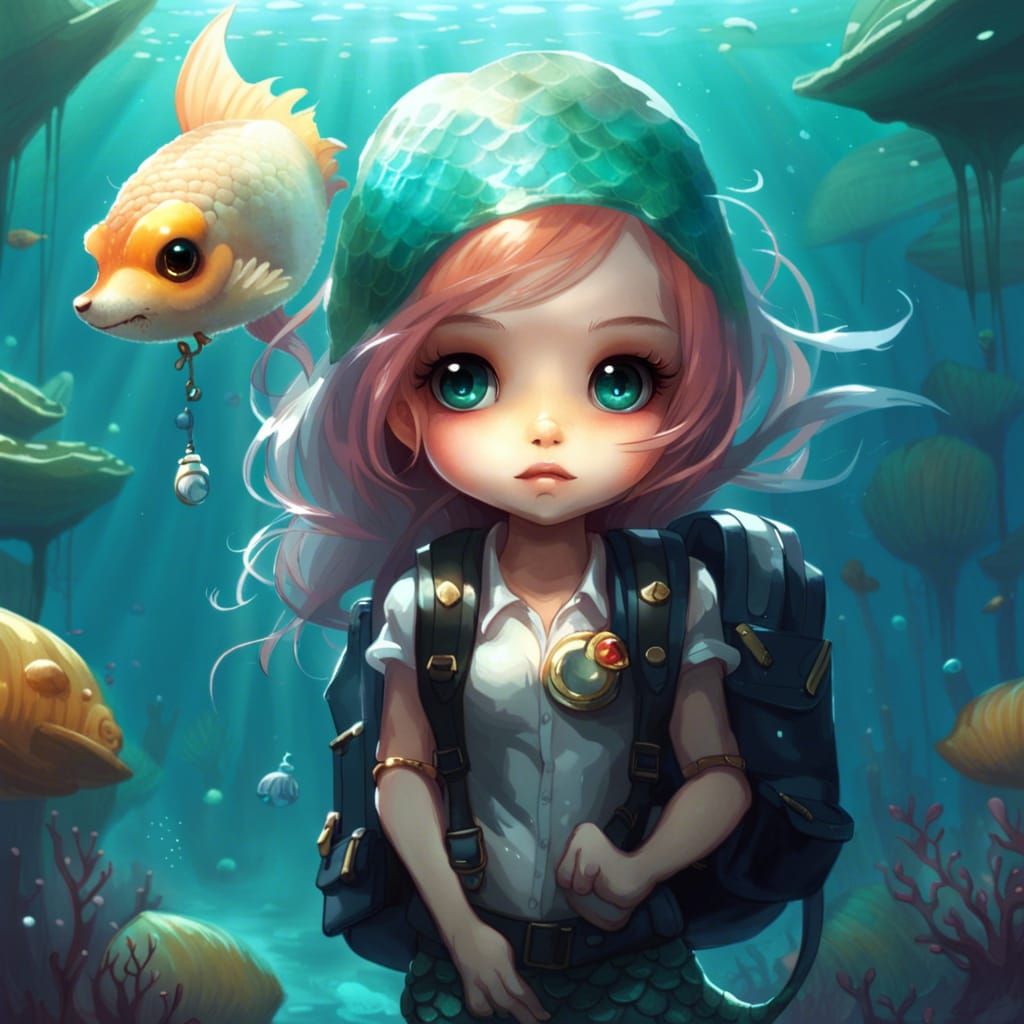 Chibi Mermaid in Underwater Classroom, 3D Render