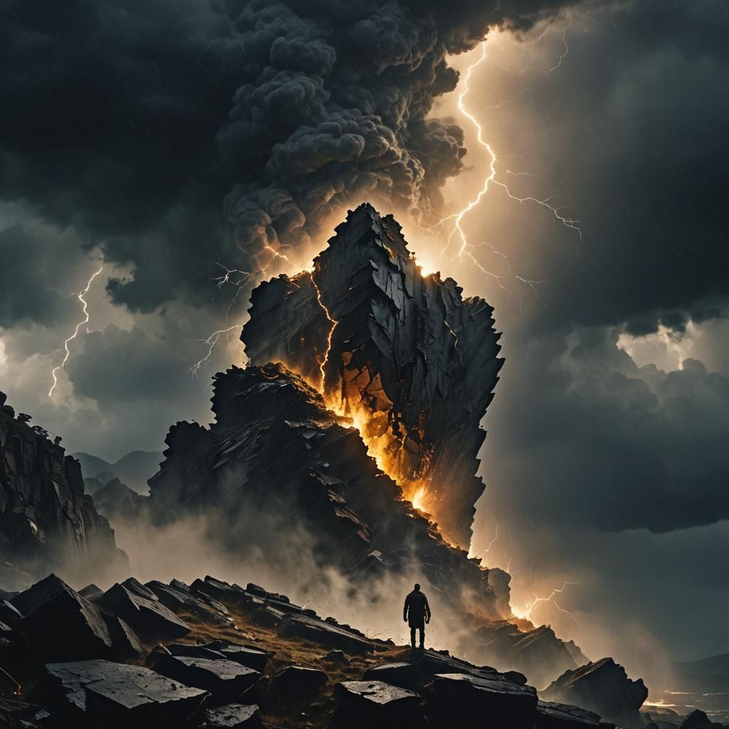 Towering Figure Crumbles as Light Breaks Through