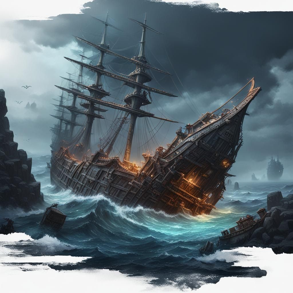 Monochrome Shipwreck Oil Painting in 8k