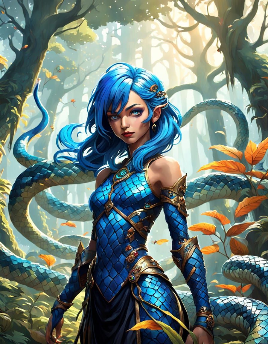 Elegant Snake Woman Adorns Lush Fantasy Forest