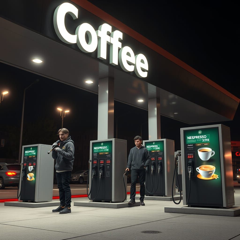 Modern Coffee Fuel Station at Night in Epic 3D Graphics