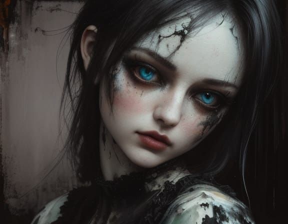 Eerie Grunge Oil Painting of a Broken Porcelain Doll