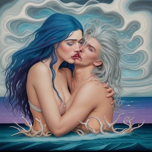 Surreal Kiss Amidst Stormy Seas, Salvador Dali Style