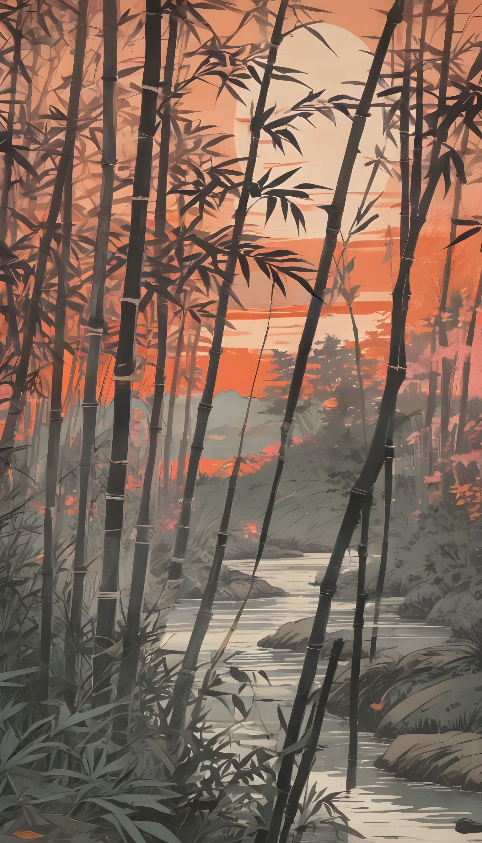 Bamboo Forest Sunset: Japanese Woodcut Style Poster