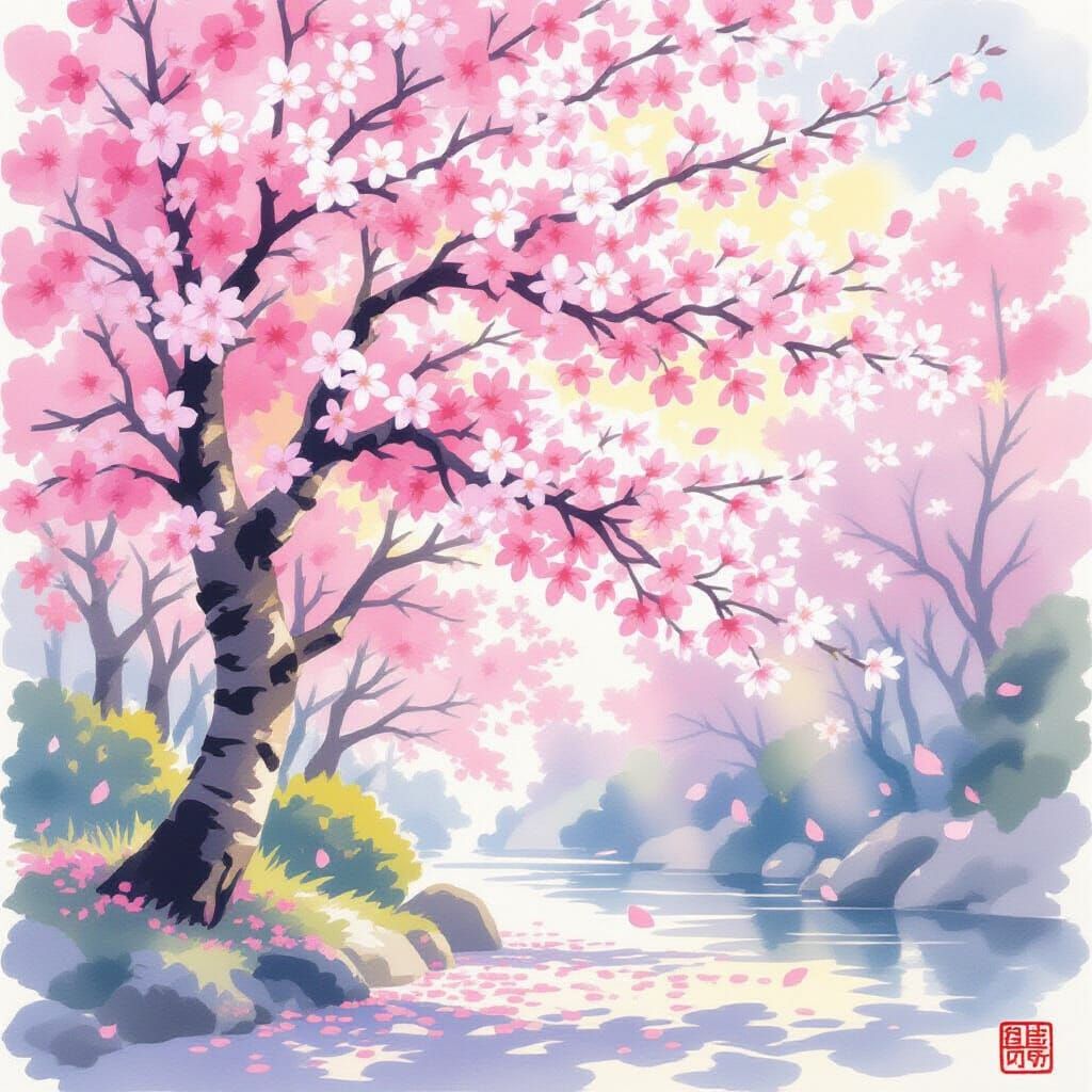 Delicate Cherry Blossom Tree in Watercolor Style