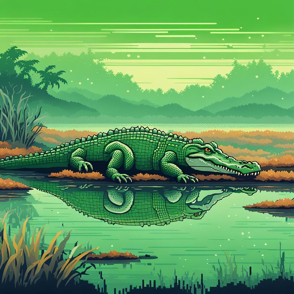 Crocodile in Misty Marsh: 16-bit Pixel Art