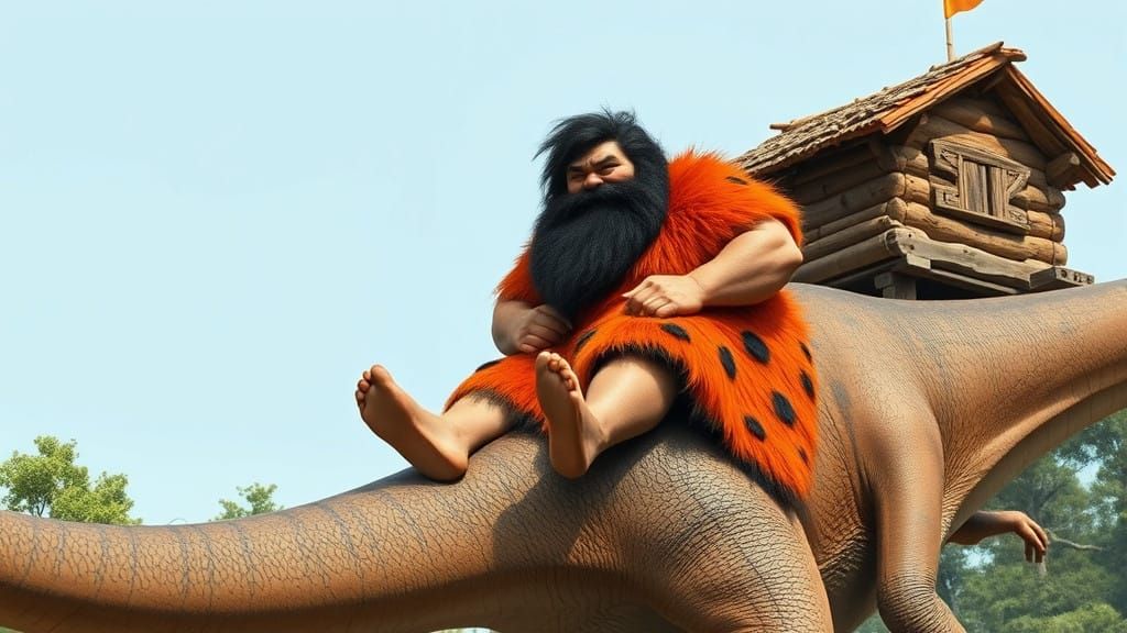 Prehistoric Caveman Slides Down Brontosaurus, Wearing Ornate...