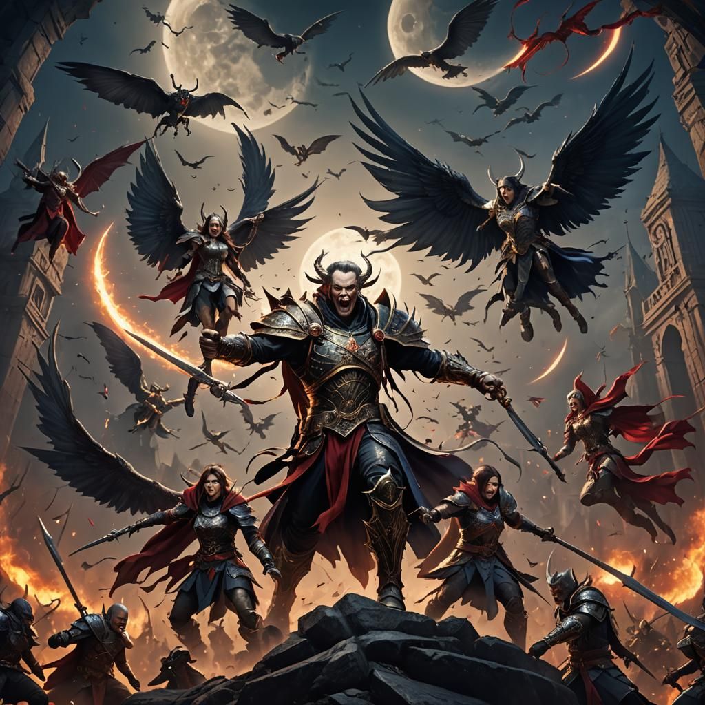 Winged Vampire Warriors Battle Under Square Moon