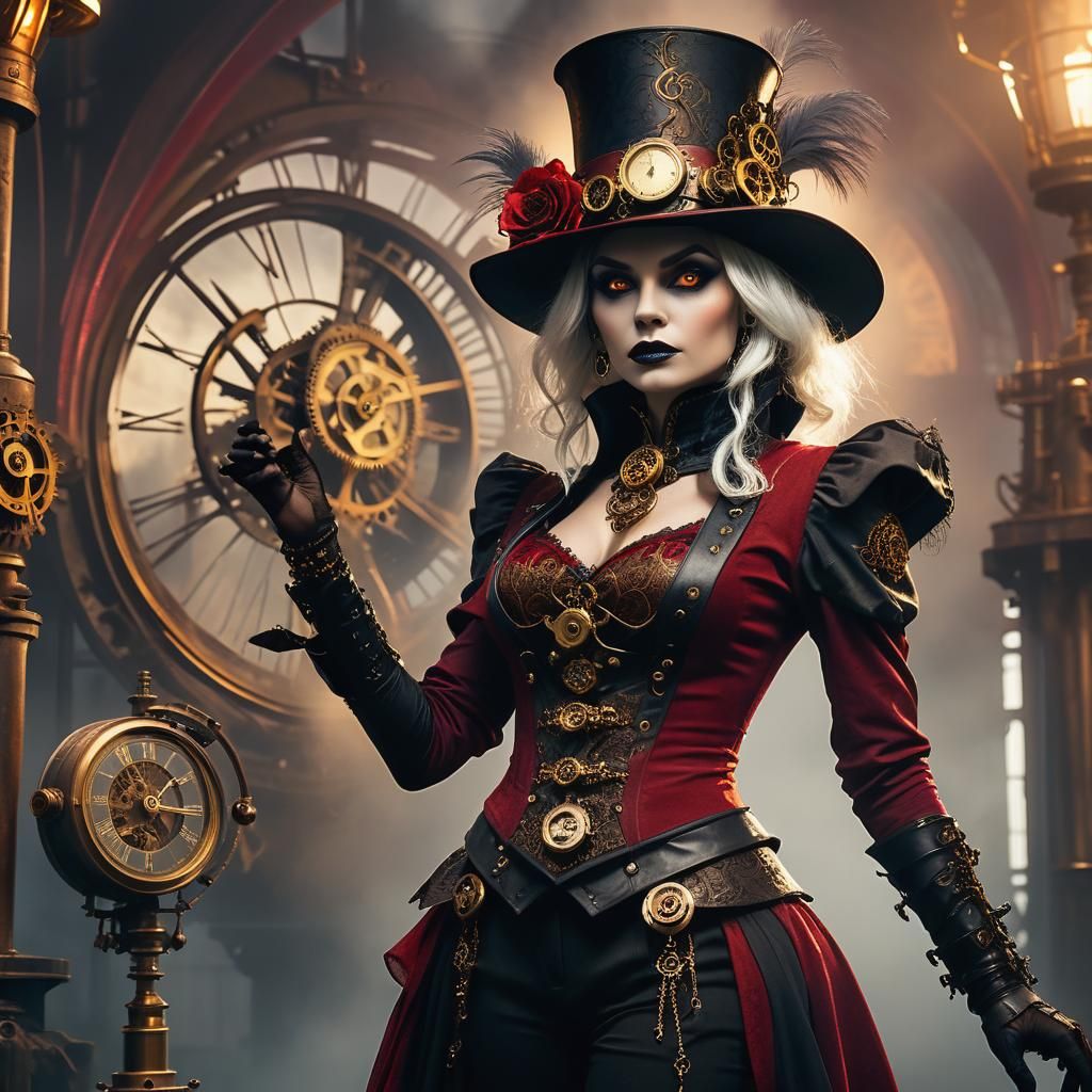 Steampunk Drow Character in Crimson and Brass
