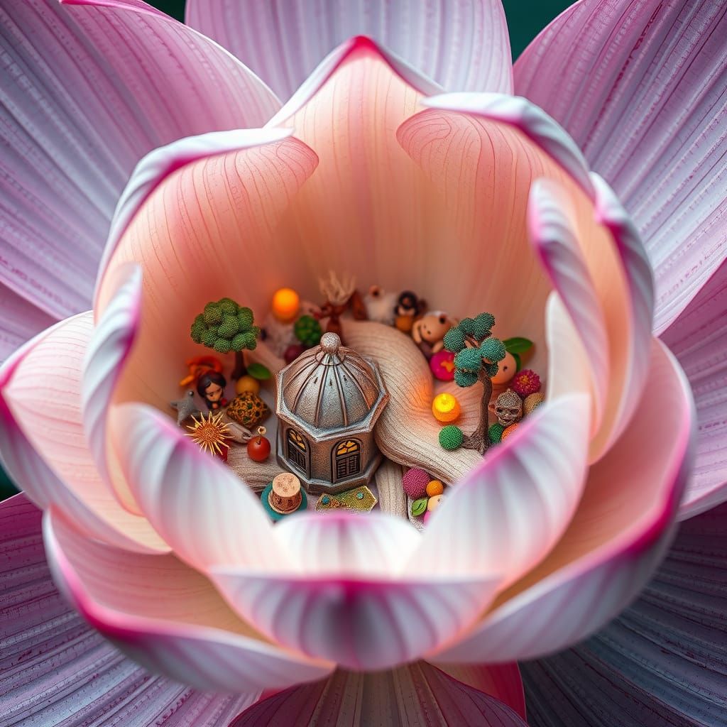 Surreal Lotus World with Miniature Creatures and Magical Dwe...
