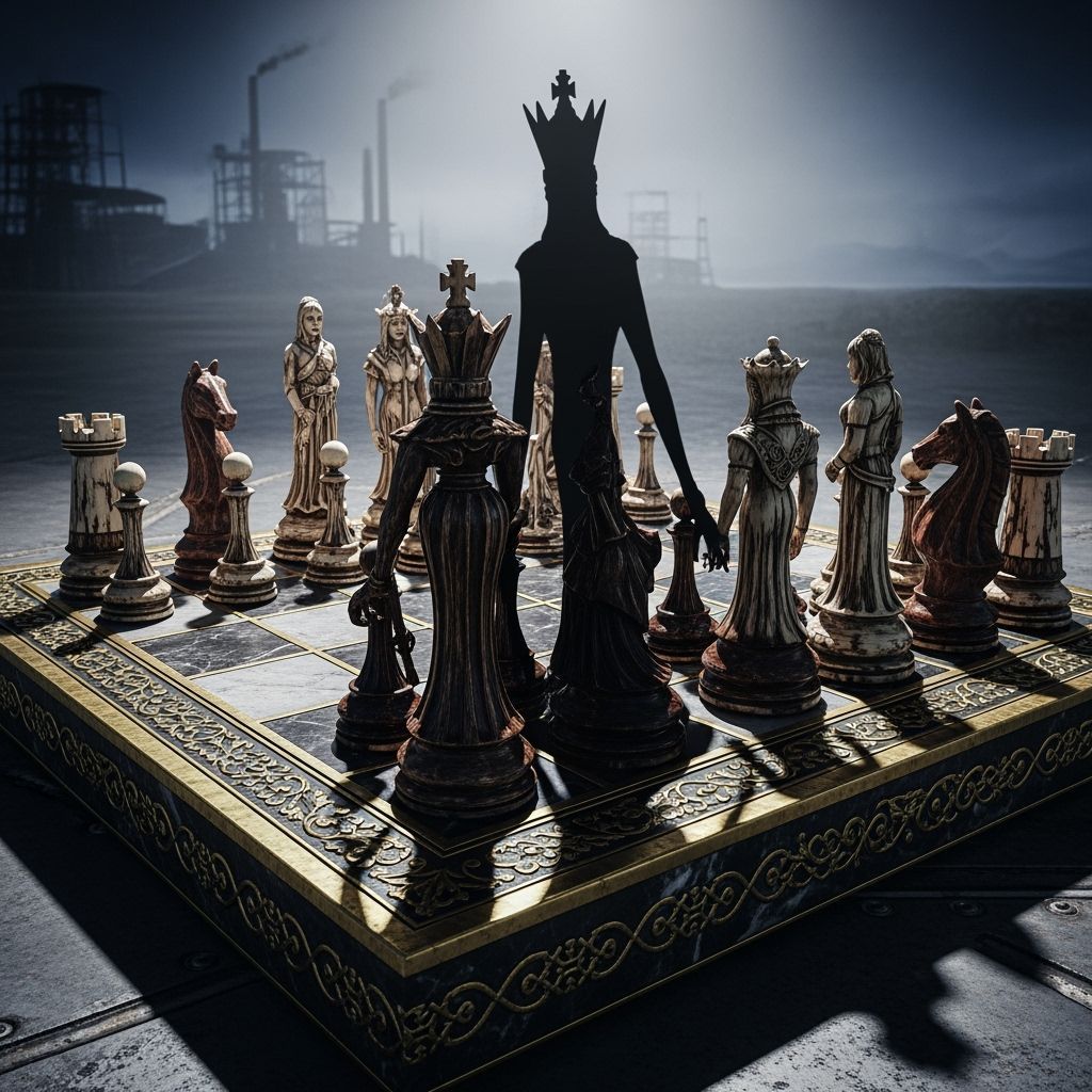 Ornate Chessboard with Ominous Shadows in High-Contrast Styl...