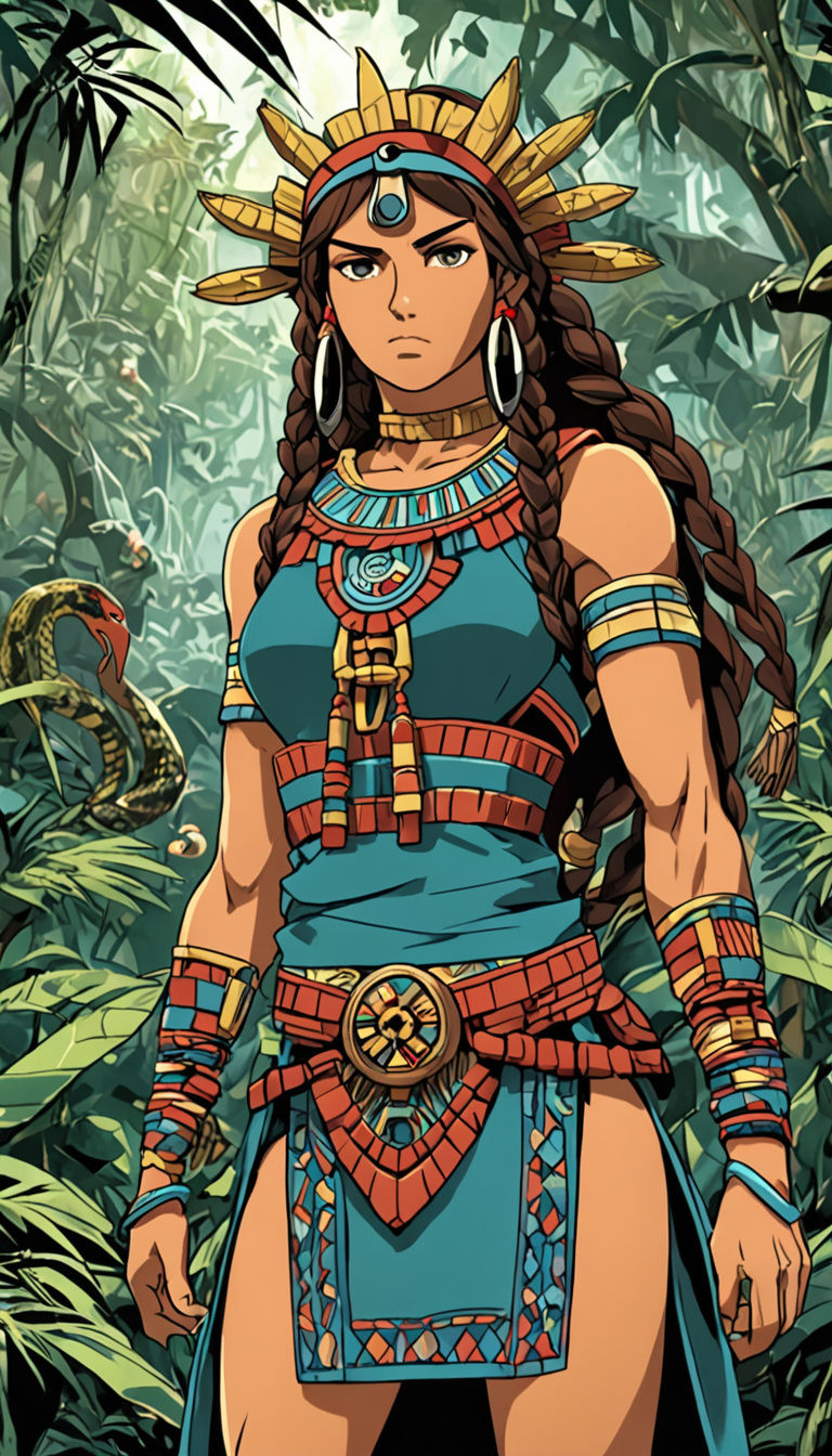 Muscular Samoan Woman in Mayan Outfit, Anime Style