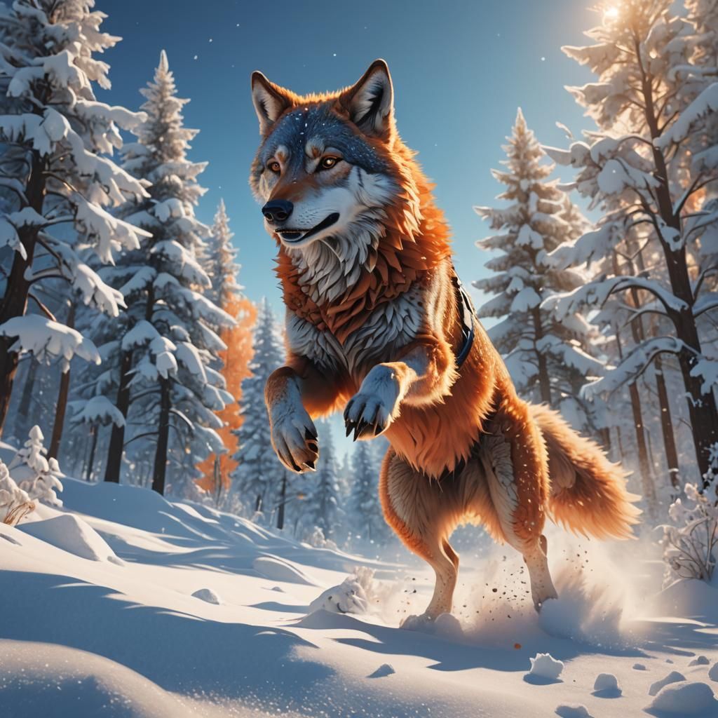 Happy Wolf Leaping in Sparkling Snow, Fantasy Art