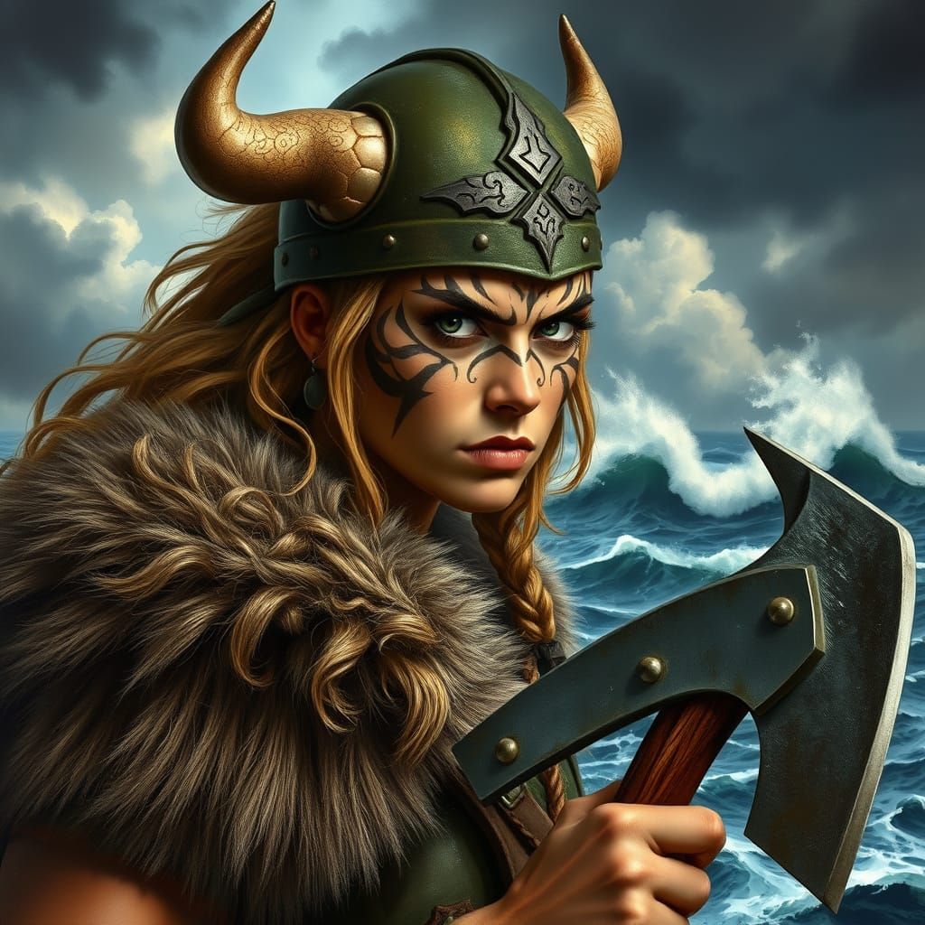 Fierce Viking Warrior Woman Portrait in Classical Style