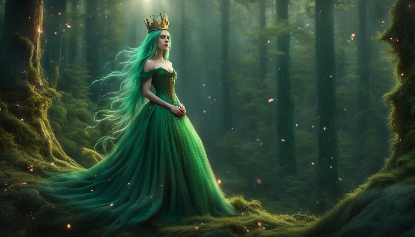 Girl in Green Gown in Forest, Fantasy Concept Art