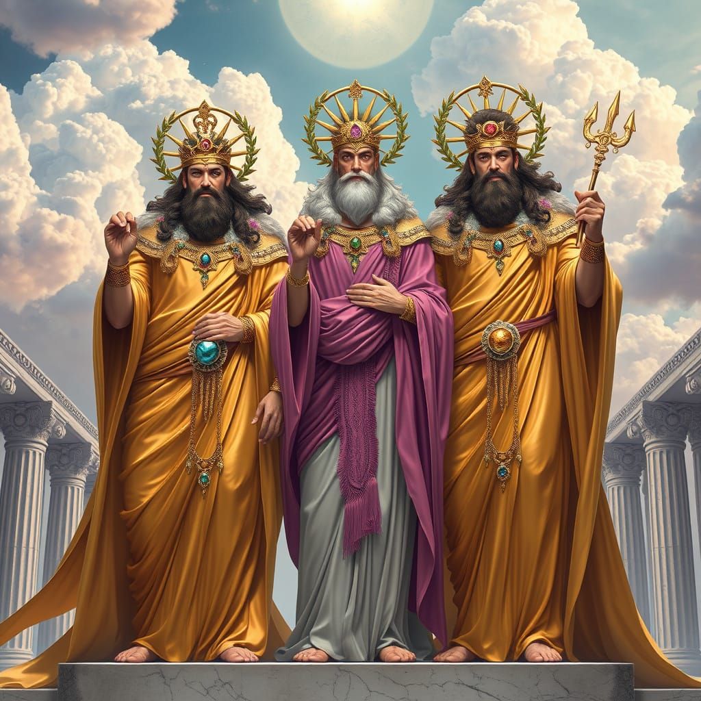 Divine Beings in Golden Robes Amidst Celestial Clouds