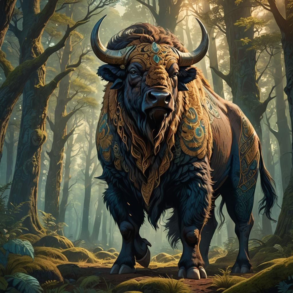 Humanoid Bison in Mystical Forest: Digital Art