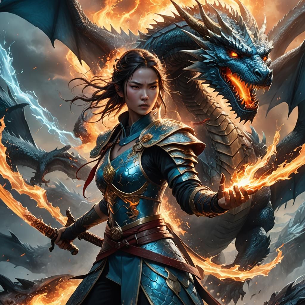 Ice Dragon Girl Battles with Fire Katana