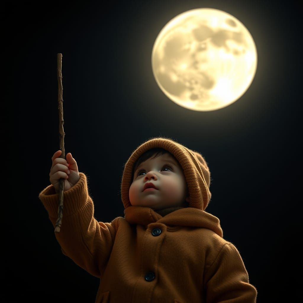Child with Moon Balloon: Hyperrealistic Digital Art