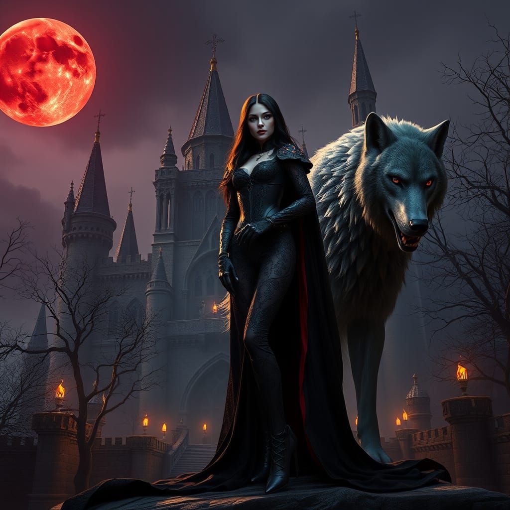 Sultry Vampire Queen in Black Lace Armor Standing Before Hau...