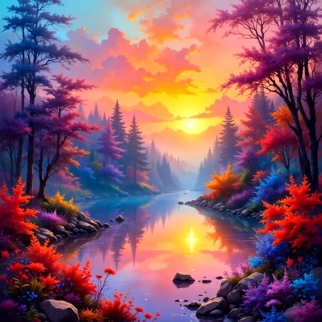 Vibrant Sunset Oil Painting of Fantastical Flowers by a Mist...