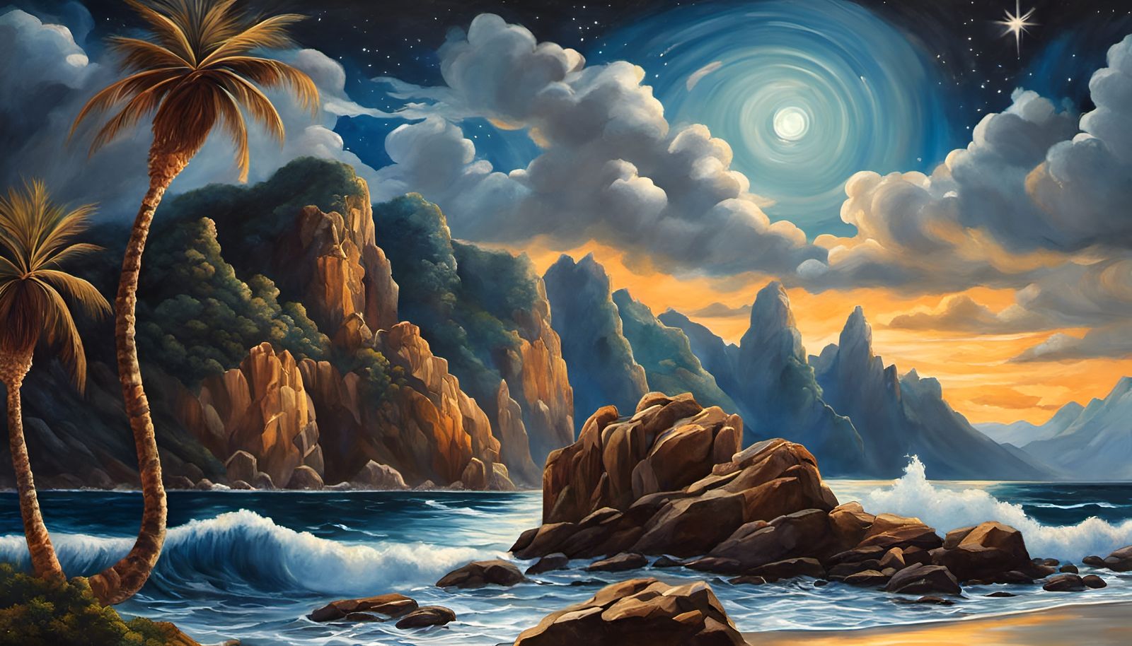 Coastal Midnight Landscape with Palm Trees and Stars