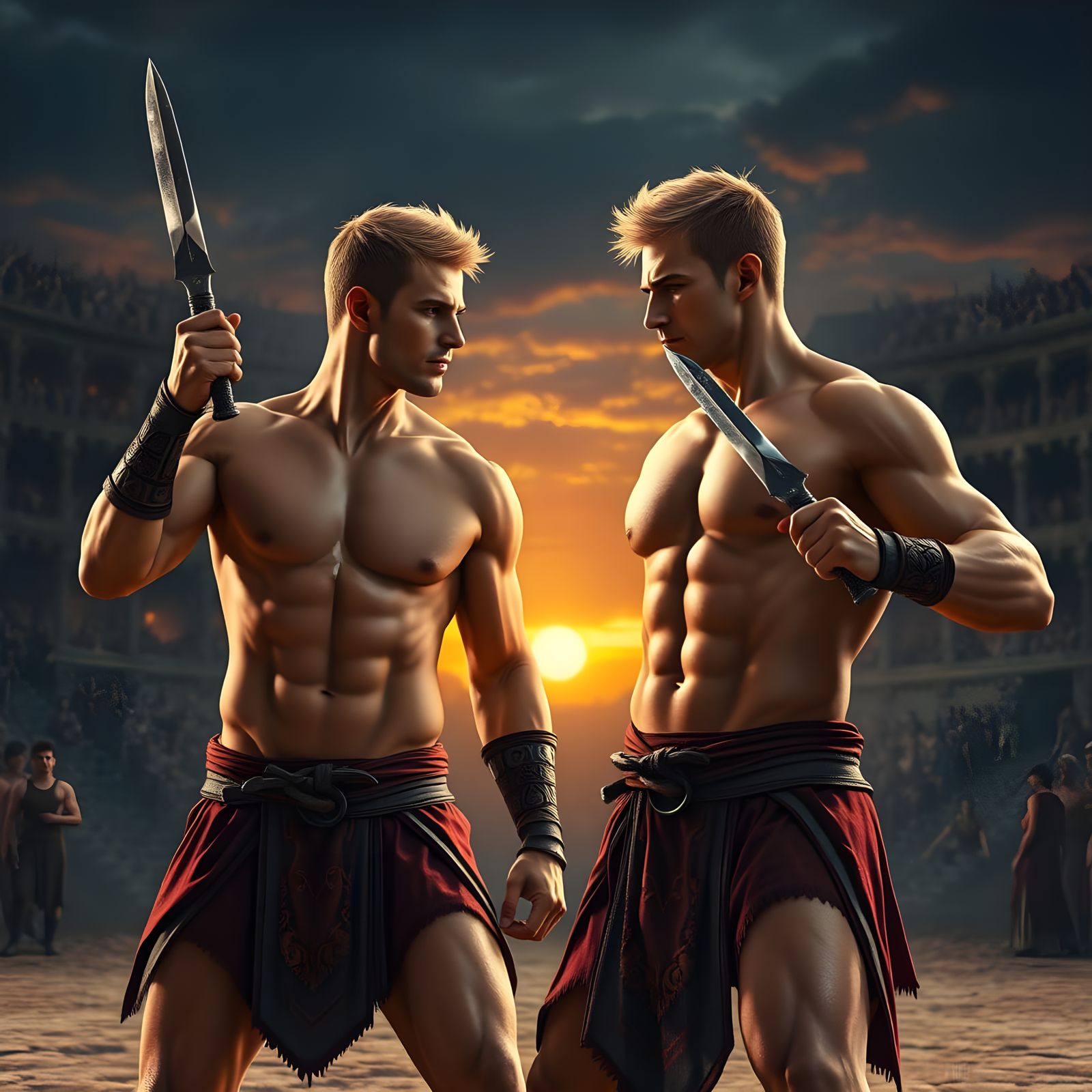 Muscular Gladiators in Sunset Arena