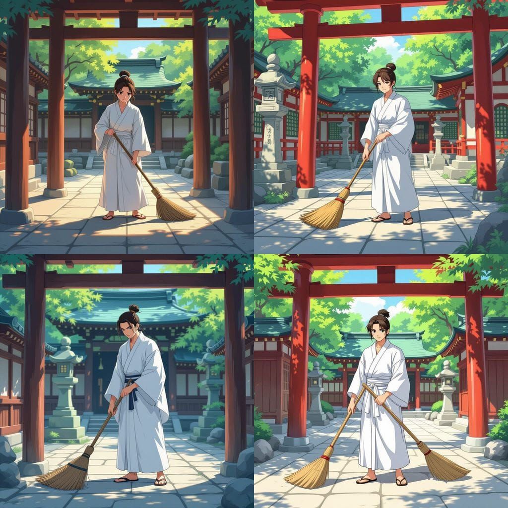 Anime Shrine Keeper Sweeping Courtyard in Shounen Style