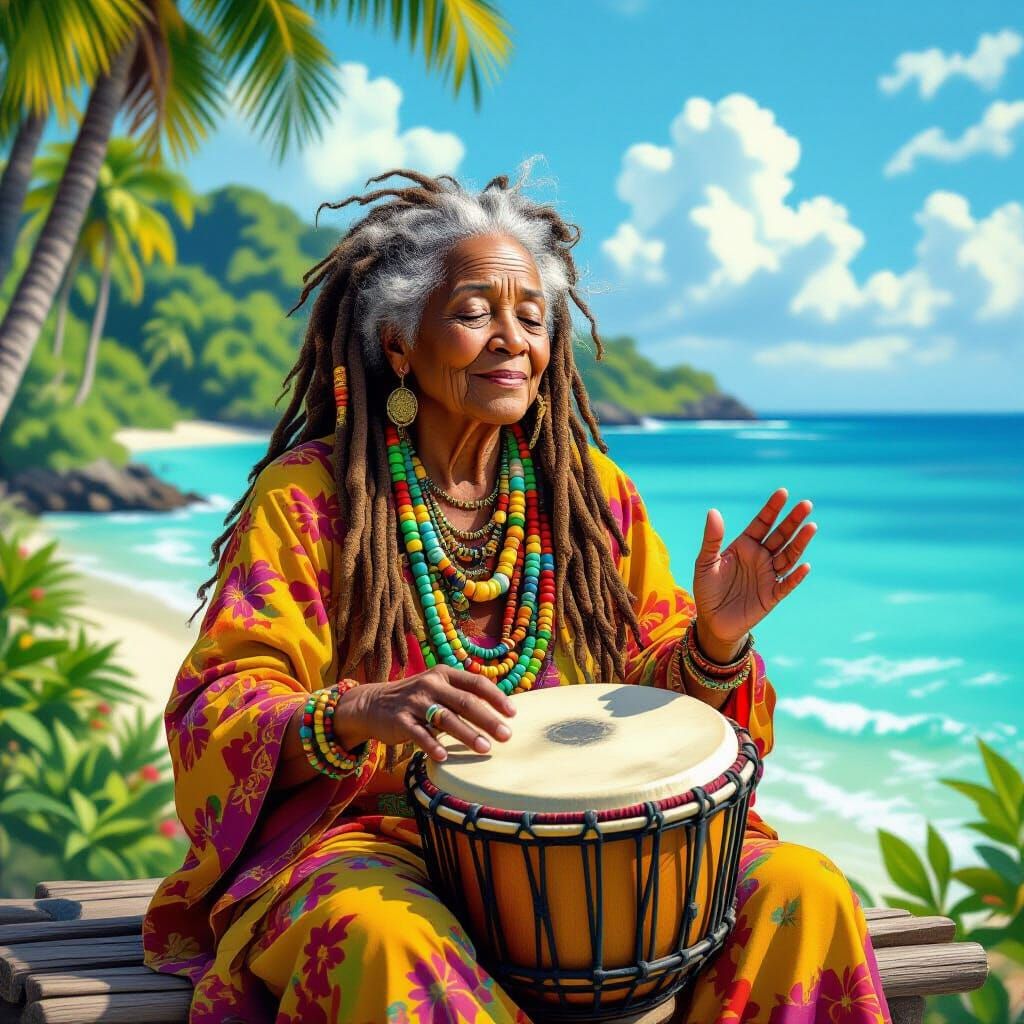 Elderly Rastafarian Woman Plays Percussion on Tropical Islan...