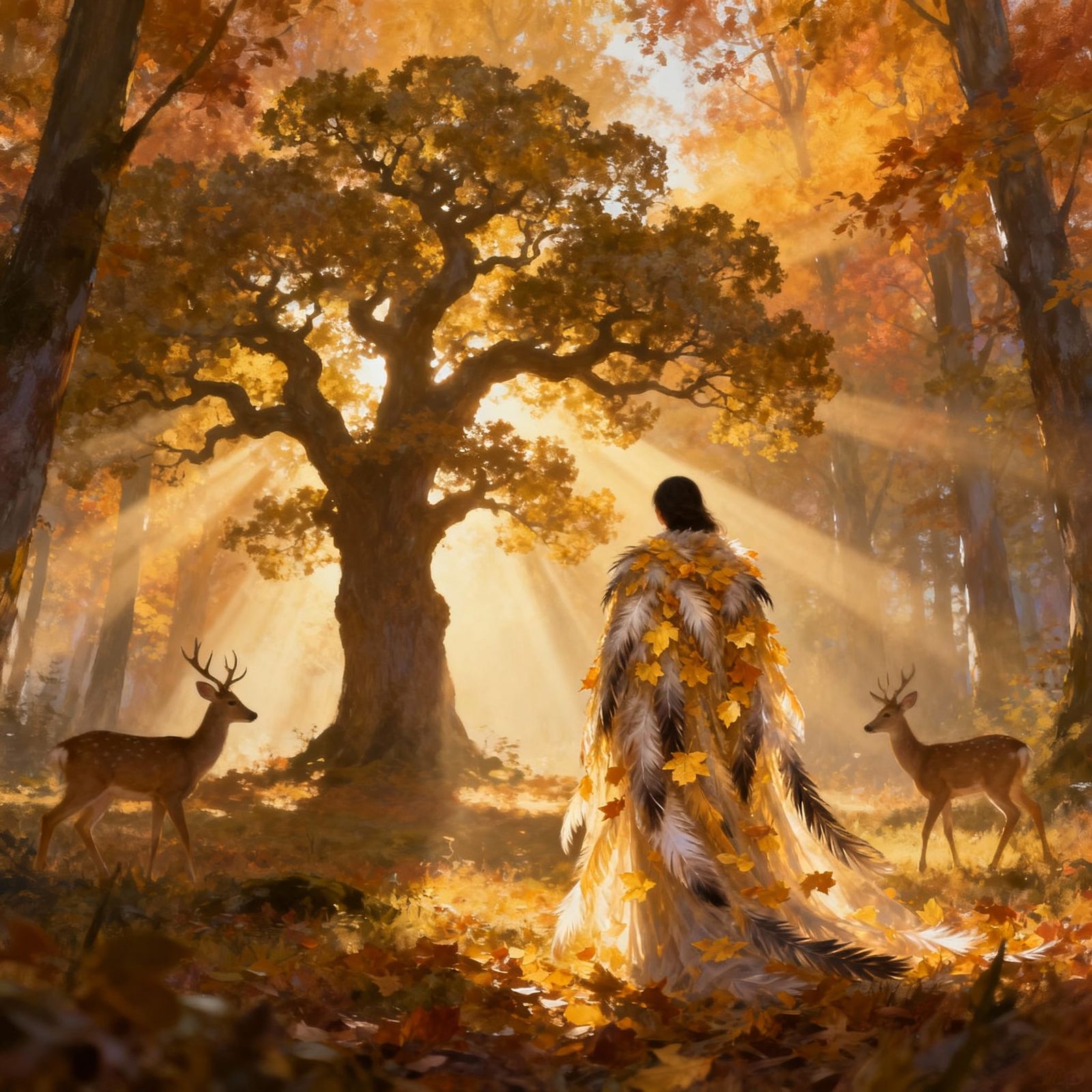 Mystical Autumn Forest Oak Tree Silhouette