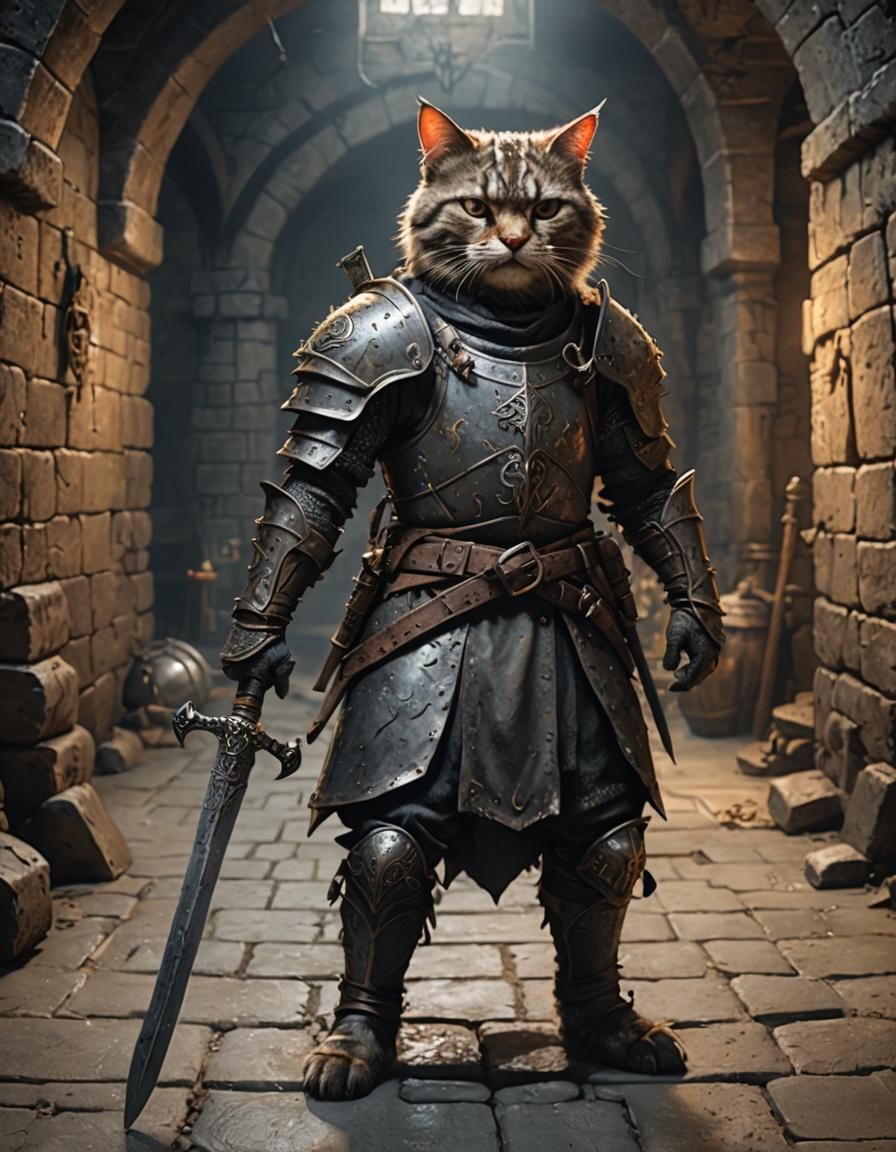Scarred Cat Warrior in Medieval Dungeon