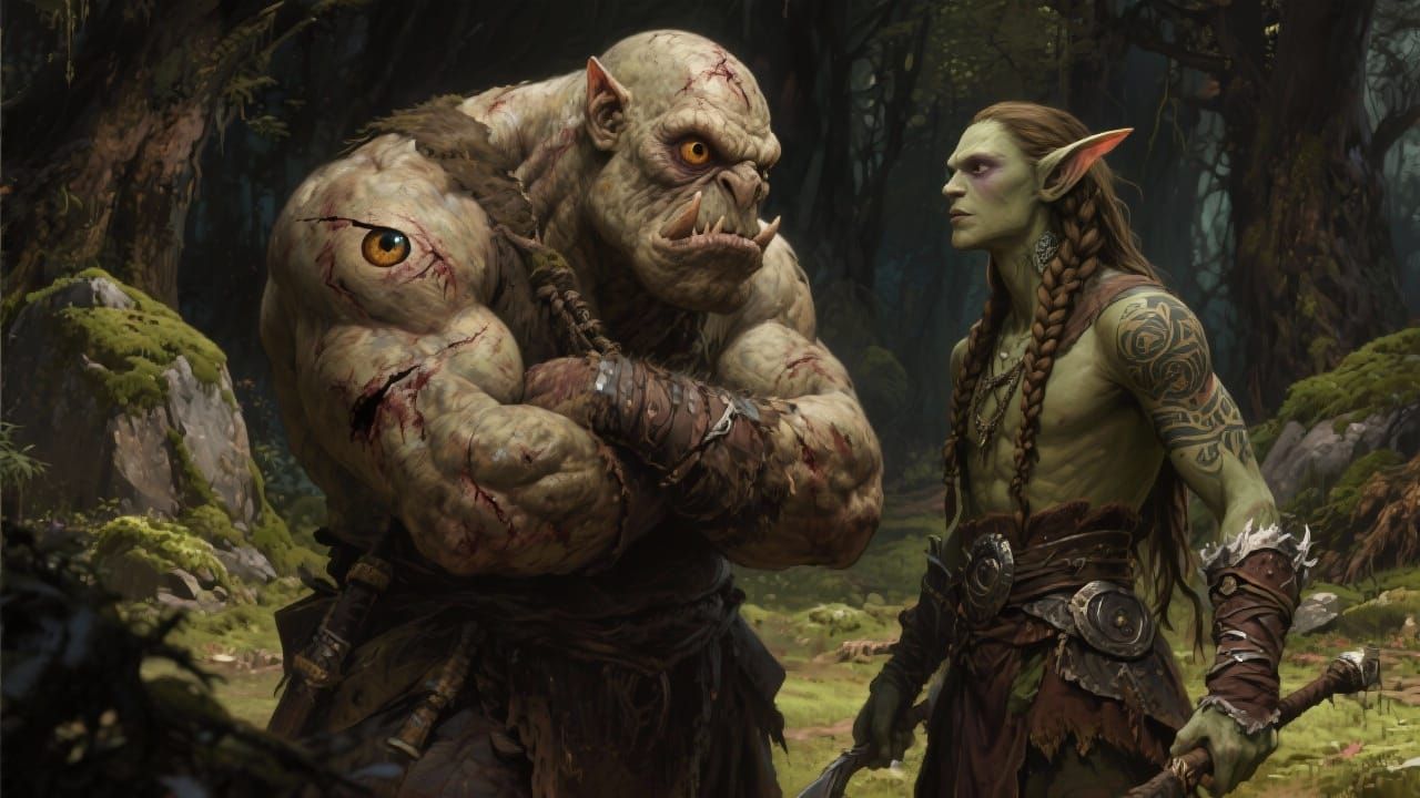 Cyclops and Elf in Friendly Forest Conversation