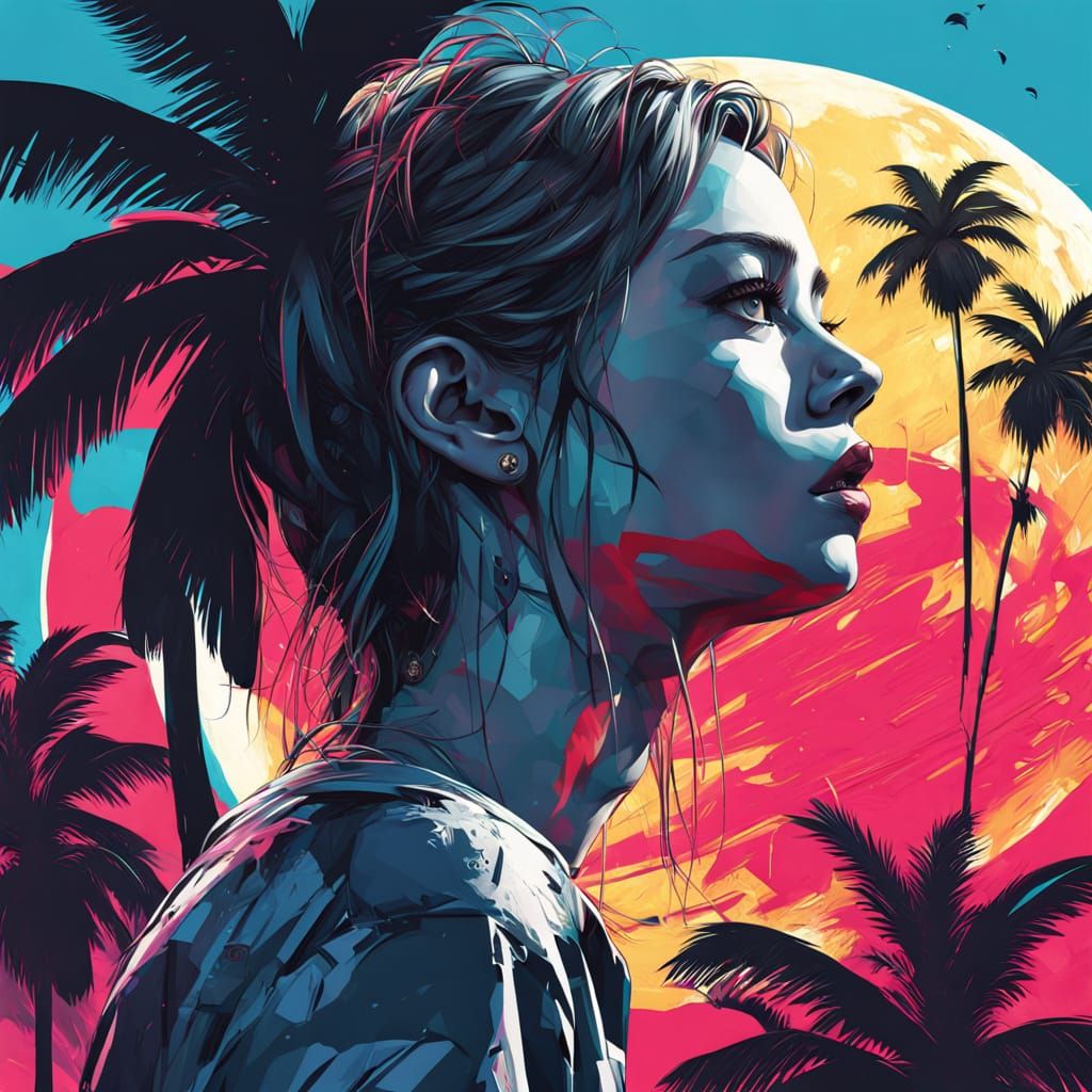 Graffiti Art of Woman Startled by Palm Tree Shadow on Moon