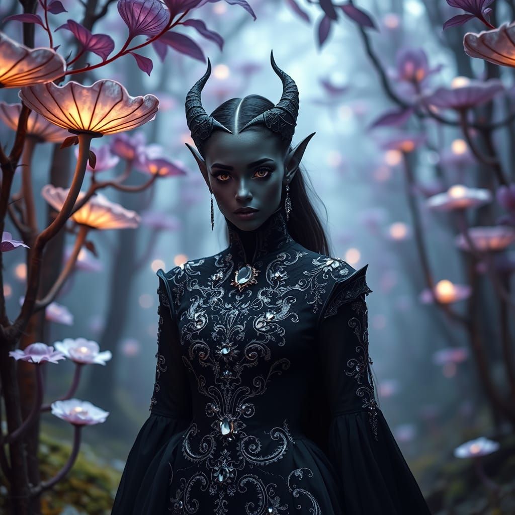 Dark Elf Goddess in Enchanted Forest with Neon Blooms