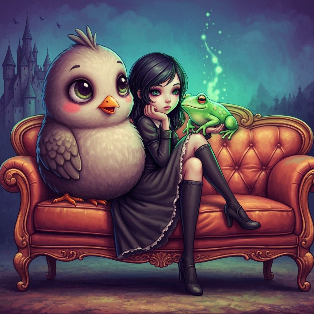 Cute Bird Character Slouching on Couch with Ethereal Frog