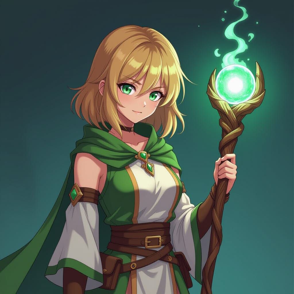Anime Woman with Emerald Staff, Cel-Shaded Style