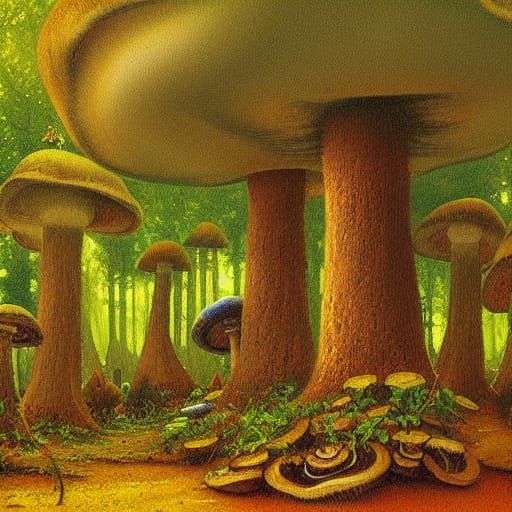 Mushroom Town Forest Oil Painting