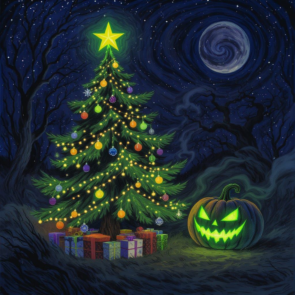 Christmas Tree and Halloween Pumpkin in Starry Night