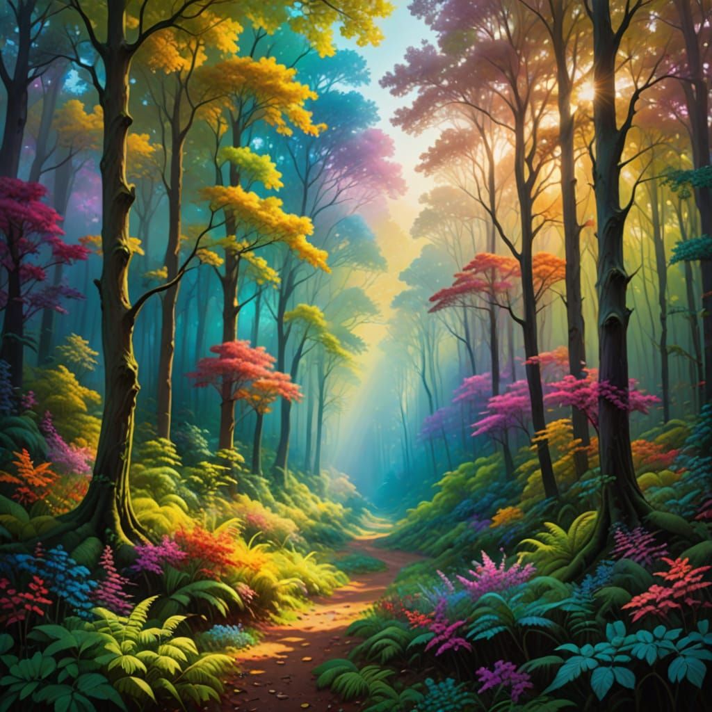 Dreamlike Lush Forest in Vibrant Oil Painting Style