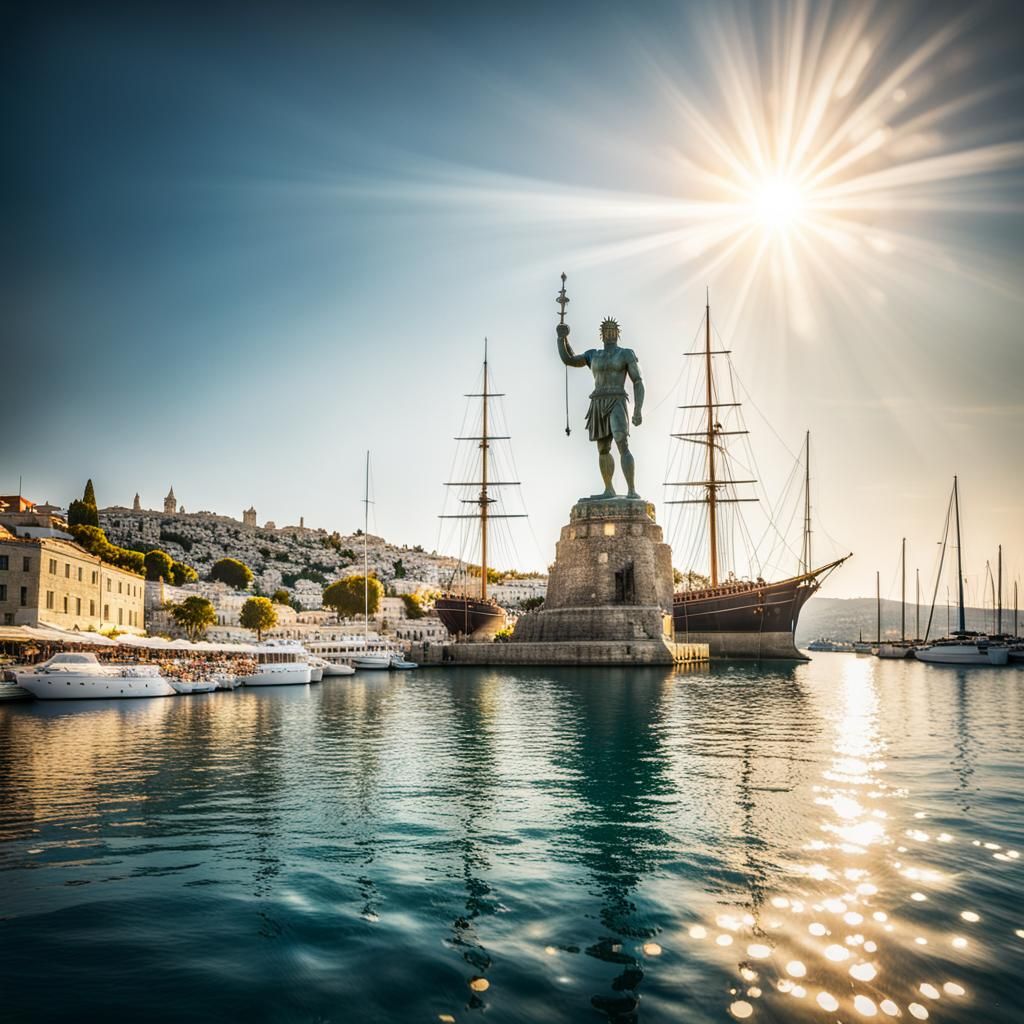 Historic Colossus of Rhodes Dominates Greek Harbor Landscape