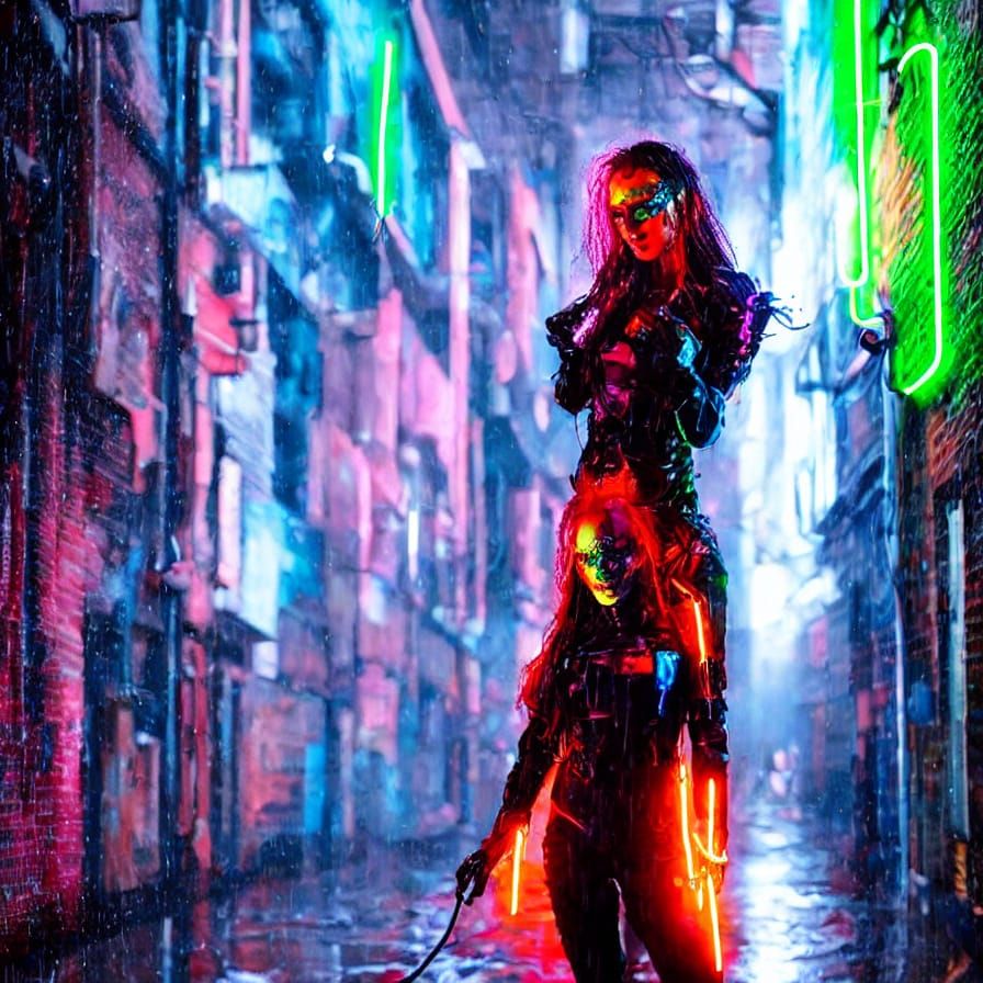 Cyberpunk Woman with Neon Oil Paint Cascade