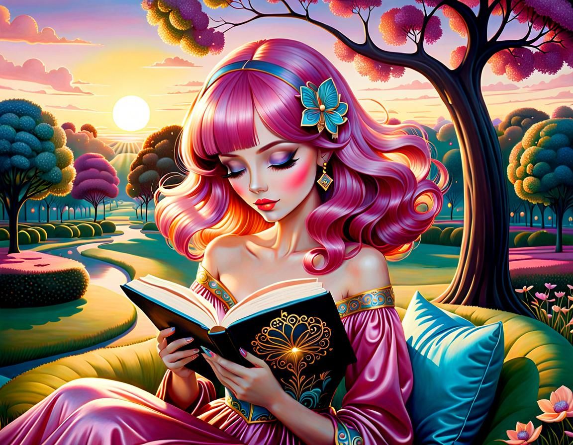 Woman Reading in Park at Sunset: Surreal Whimsical Art
