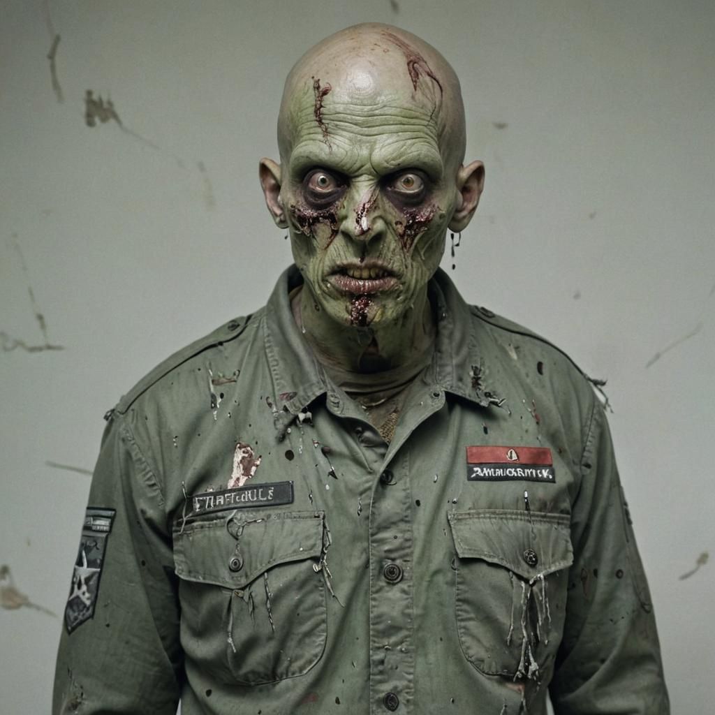 A hyperrealistic full length photo, 4K Ultra High Definition in the surrealism style. A grotesque zombie soldier, with a...
