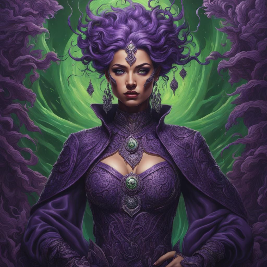 Fierce Purple Woman in Armor: Hyperdetailed Fantasy Portrait