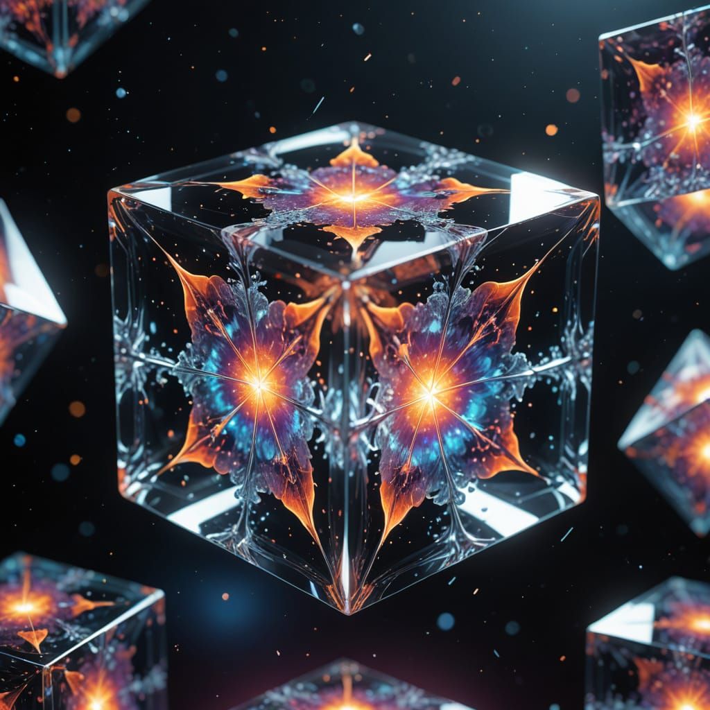 Cosmic Glass Cube in Ethereal Holographic Aesthetic