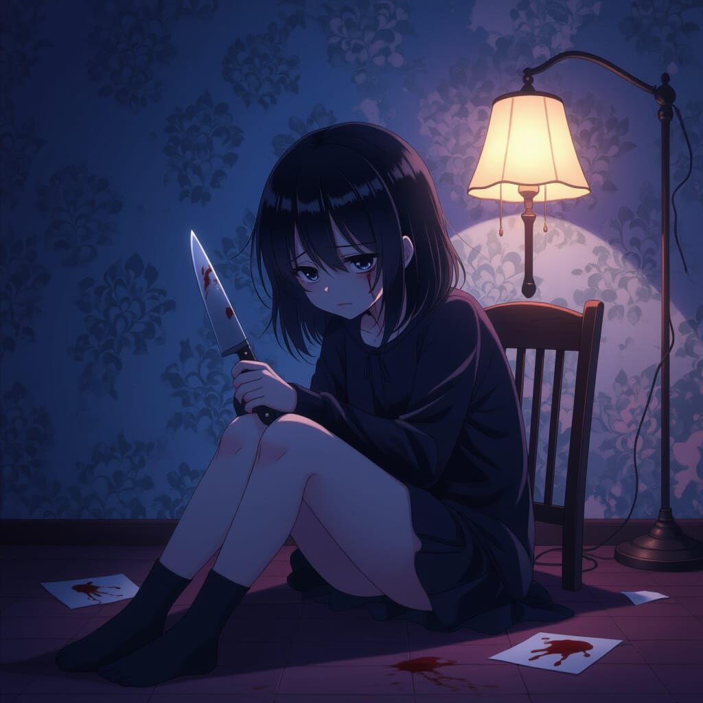 Depressed Anime Girl in Dim Room with Knife